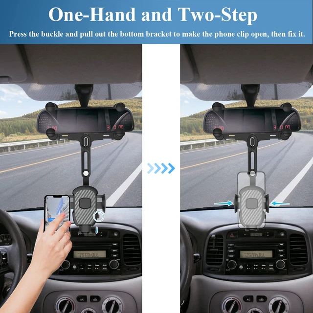 Alt view image 4 of 7 - Car Phone Holder for Rearview Mirror, 360 Rotatable and Retractable, Fits 4.0-7.0 Inch Smartphones, Mirror-Black