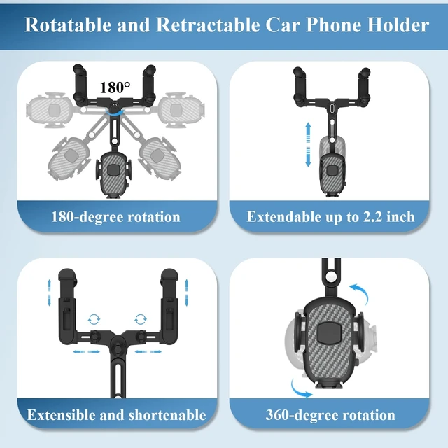 Alt view image 3 of 7 - Car Phone Holder for Rearview Mirror, 360 Rotatable and Retractable, Fits 4.0-7.0 Inch Smartphones, Mirror-Black