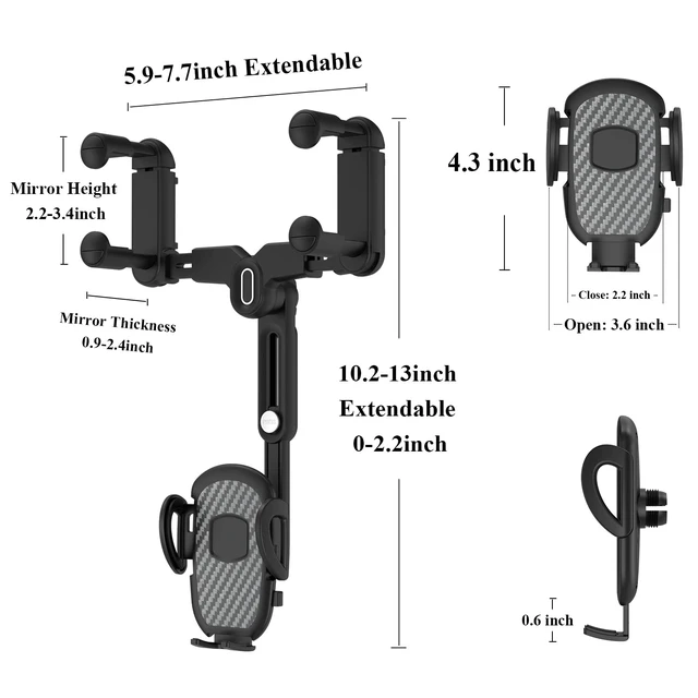 Alt view image 7 of 7 - Car Phone Holder for Rearview Mirror, 360 Rotatable and Retractable, Fits 4.0-7.0 Inch Smartphones, Mirror-Black