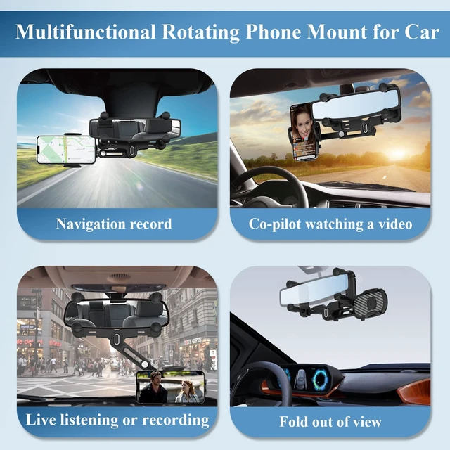 Alt view image 5 of 7 - Car Phone Holder for Rearview Mirror, 360 Rotatable and Retractable, Fits 4.0-7.0 Inch Smartphones, Mirror-Black