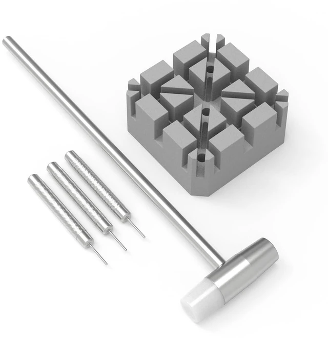 Main image of Watch Link Removal Tool Kit, Watch Band Adjustment Tool with Repair Holder, Double Hand Hammer and 3 Punch Pins (0.8/0.9/1.0mm)