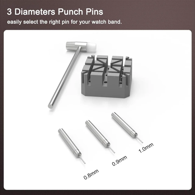 Alt view image 5 of 5 - Watch Link Removal Tool Kit, Watch Band Adjustment Tool with Repair Holder, Double Hand Hammer and 3 Punch Pins (0.8/0.9/1.0mm)