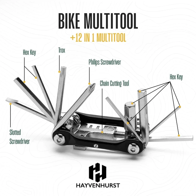 Alt view image 3 of 7 - Bike Multitool - Bike Tool Kit -12 In 1 Lightweight Stainless Steel Bicycle Multi tool - Safety Locking, Survival Gear With Hex Key, Screwdriver, Chain Cutting Tool by Hayvenhurst
