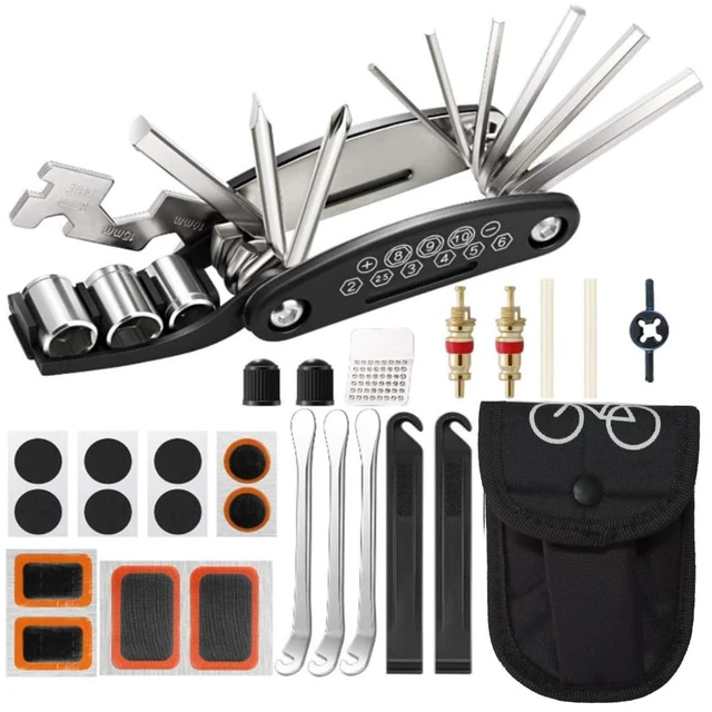 Main image of 27Pcs Bike Repair Kit, 16 in 1 Multitool Tire Levers | Emergency bike repair kit with 16in1 multitool, tire levers and valvecore accessories. Fits road and mountain bikes.