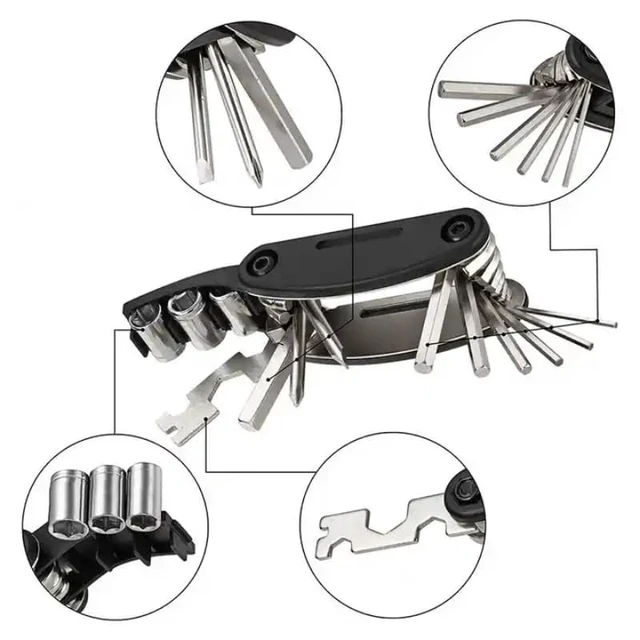 Alt view image 2 of 7 - 27Pcs Bike Repair Kit, 16 in 1 Multitool Tire Levers | Emergency bike repair kit with 16in1 multitool, tire levers and valvecore accessories. Fits road and mountain bikes.