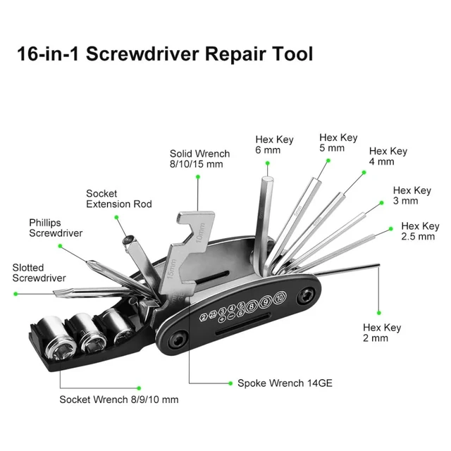 Alt view image 3 of 7 - 27Pcs Bike Repair Kit, 16 in 1 Multitool Tire Levers | Emergency bike repair kit with 16in1 multitool, tire levers and valvecore accessories. Fits road and mountain bikes.