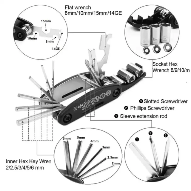 Alt view image 6 of 7 - 27Pcs Bike Repair Kit, 16 in 1 Multitool Tire Levers | Emergency bike repair kit with 16in1 multitool, tire levers and valvecore accessories. Fits road and mountain bikes.
