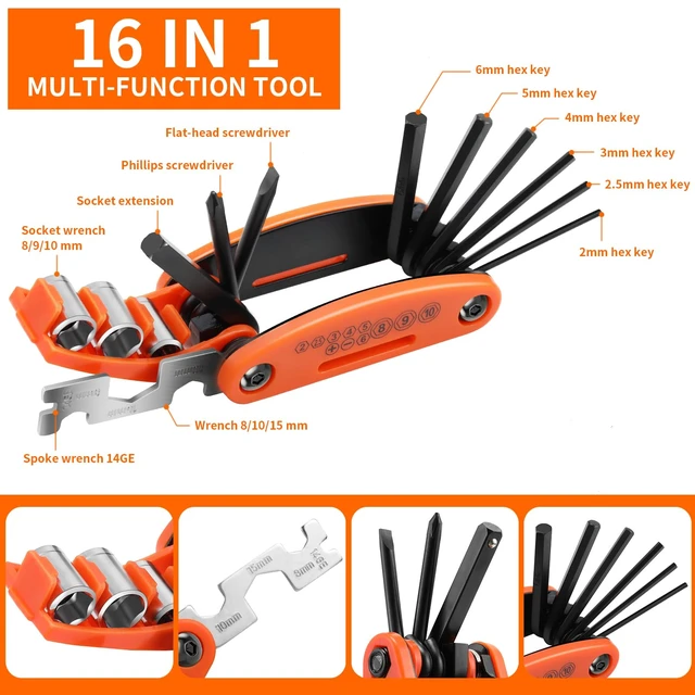 Alt view image 2 of 7 - Bike Repair Kit - 16-in-1 Bike Multitool, Portable Bicycle Tools with Tire Patch Kit for Mountain Road Bikes Camping Travel (US)