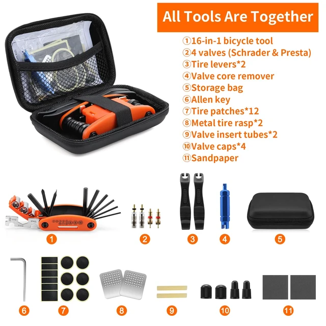 Alt view image 4 of 7 - Bike Repair Kit - 16-in-1 Bike Multitool, Portable Bicycle Tools with Tire Patch Kit for Mountain Road Bikes Camping Travel (US)