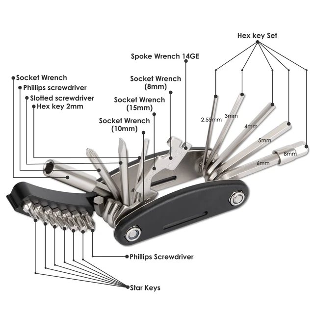 Alt view image 3 of 7 - Bike Tool Kit, Portable Repair Mountain Bicycle Multitool, 21 in 1 | With Carrying Case, Emergency Cycling Multitool, Hex Key Wrench, Tube Patch Kit,Tire Lever, For Mountain Bike Maintenance