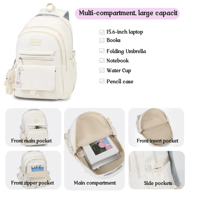Alt view image 4 of 7 - Girls Backpack for College High Middle School, Cute Teen Bookbag | Aesthetic Backpacks for Student Women with Accessories, Beige