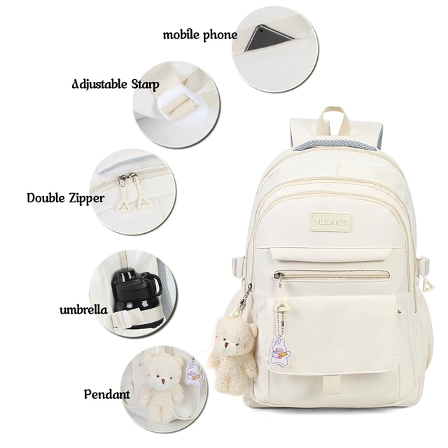 Alt view image 5 of 7 - Girls Backpack for College High Middle School, Cute Teen Bookbag | Aesthetic Backpacks for Student Women with Accessories, Beige