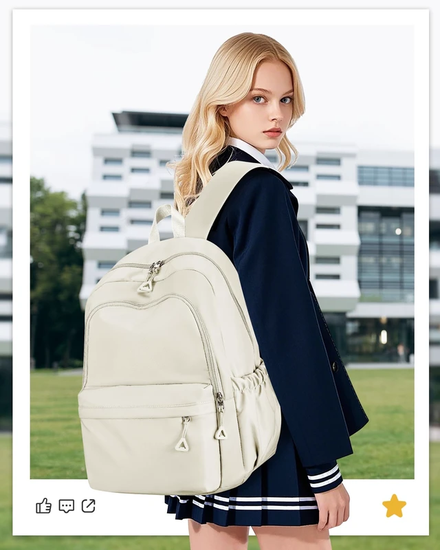 Alt view image 6 of 7 - Backpack for School Teen Girls Boys Waterproof School Book Bags | Lightweight Travel Simple College Cute Backpack for Women Men fit 14 Inch Laptop High Bookbag Daypack,Beige