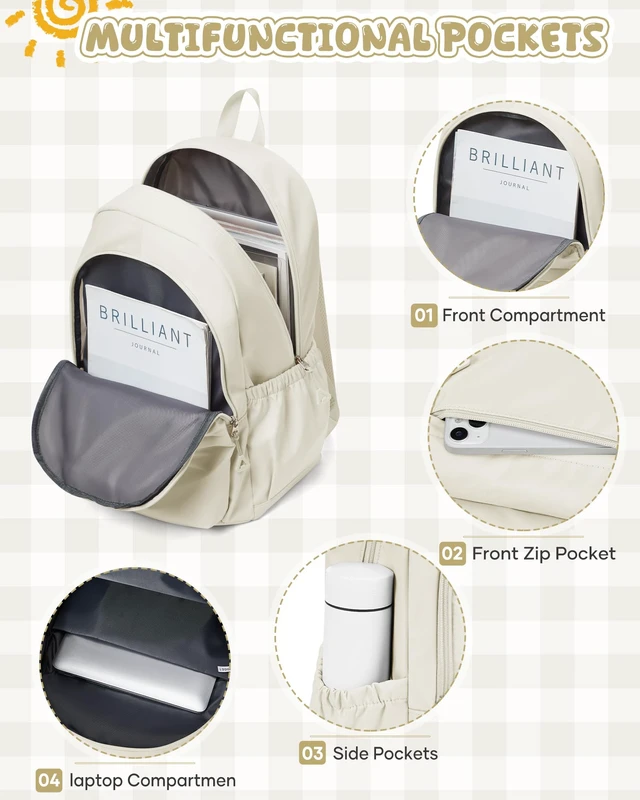Alt view image 4 of 7 - Backpack for School Teen Girls Boys Waterproof School Book Bags | Lightweight Travel Simple College Cute Backpack for Women Men fit 14 Inch Laptop High Bookbag Daypack,Beige