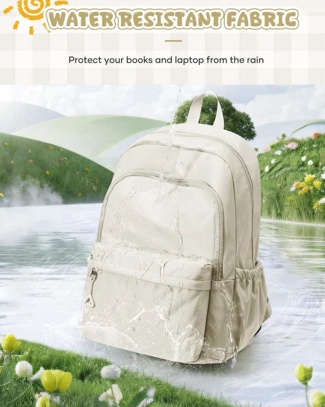 Alt view image 7 of 7 - Backpack for School Teen Girls Boys Waterproof School Book Bags | Lightweight Travel Simple College Cute Backpack for Women Men fit 14 Inch Laptop High Bookbag Daypack,Beige