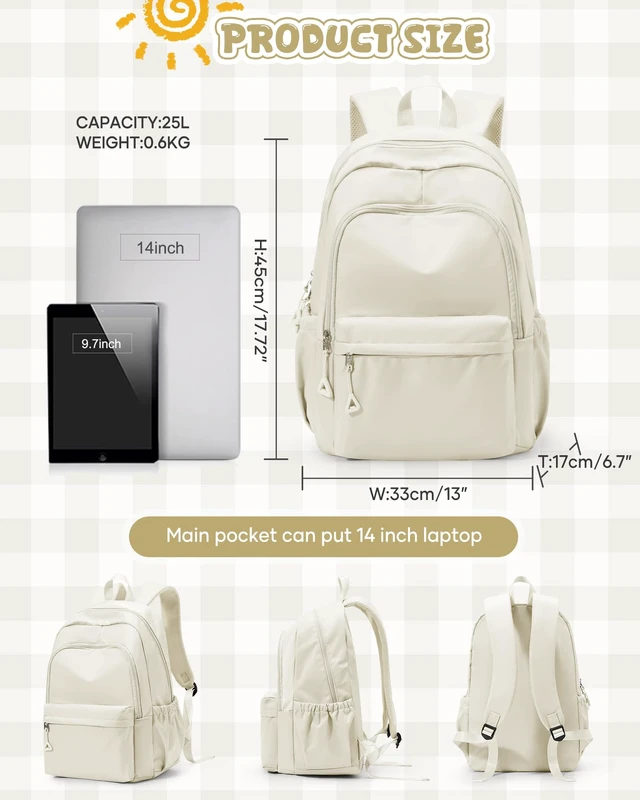 Alt view image 5 of 7 - Backpack for School Teen Girls Boys Waterproof School Book Bags | Lightweight Travel Simple College Cute Backpack for Women Men fit 14 Inch Laptop High Bookbag Daypack,Beige