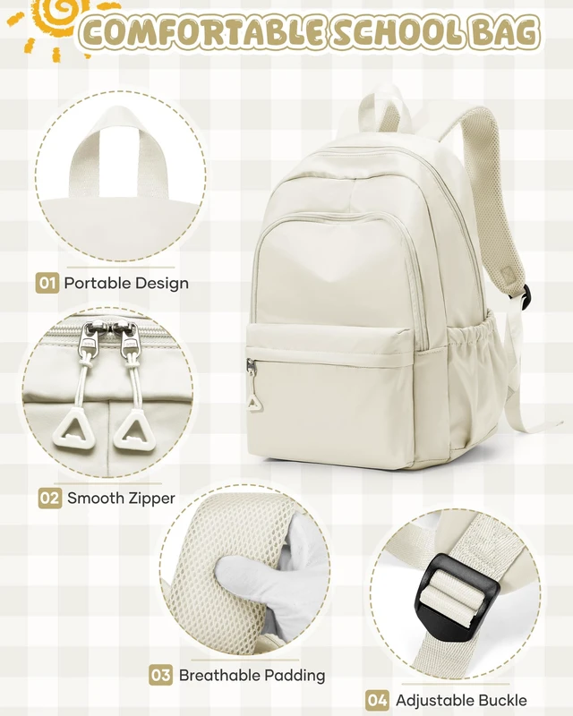 Alt view image 3 of 7 - Backpack for School Teen Girls Boys Waterproof School Book Bags | Lightweight Travel Simple College Cute Backpack for Women Men fit 14 Inch Laptop High Bookbag Daypack,Beige