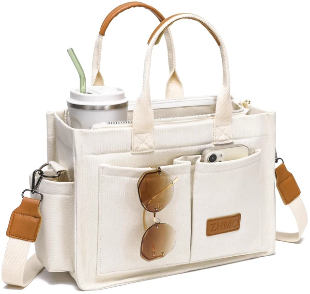 Main image of Canvas Tote Bag for Women With Compartments and Zipper,White Women's Bags Crossbody Bags Work Laptop Tote Bag Large Satchels Handbag Tote Purse Everyday Shoulder Bag for Travel Nurse Teacher Gift