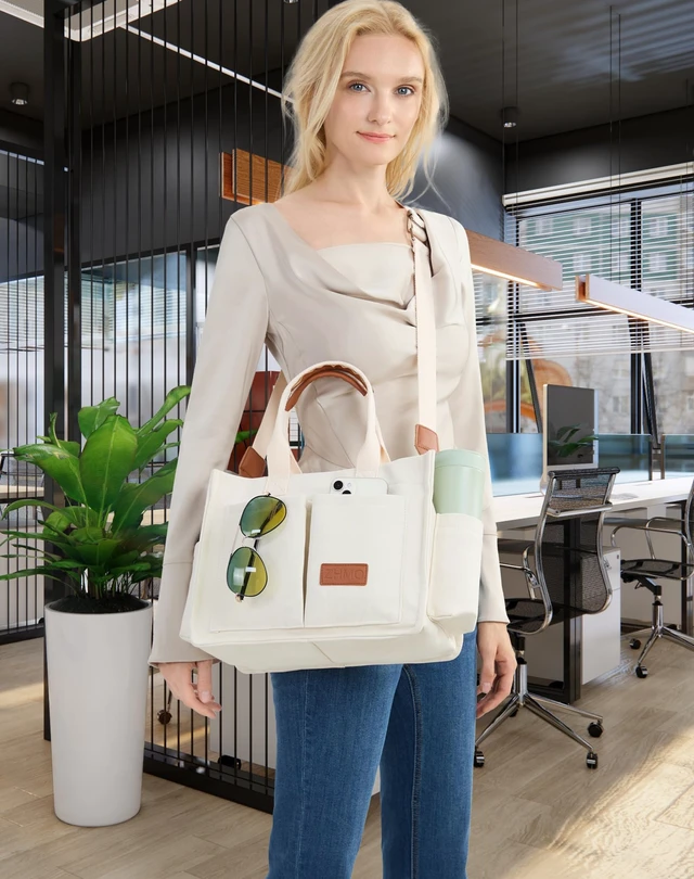 Alt view image 2 of 6 - Canvas Tote Bag for Women With Compartments and Zipper,White Women's Bags Crossbody Bags Work Laptop Tote Bag Large Satchels Handbag Tote Purse Everyday Shoulder Bag for Travel Nurse Teacher Gift
