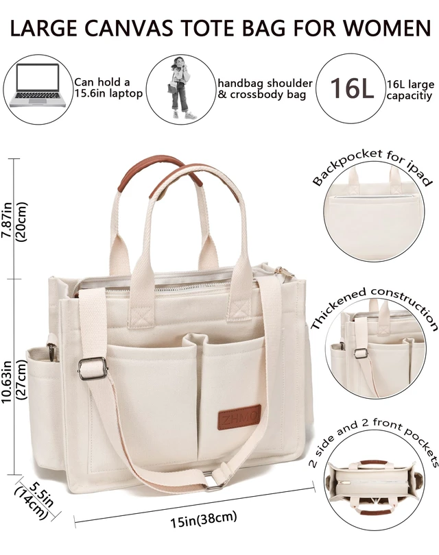Alt view image 3 of 6 - Canvas Tote Bag for Women With Compartments and Zipper,White Women's Bags Crossbody Bags Work Laptop Tote Bag Large Satchels Handbag Tote Purse Everyday Shoulder Bag for Travel Nurse Teacher Gift