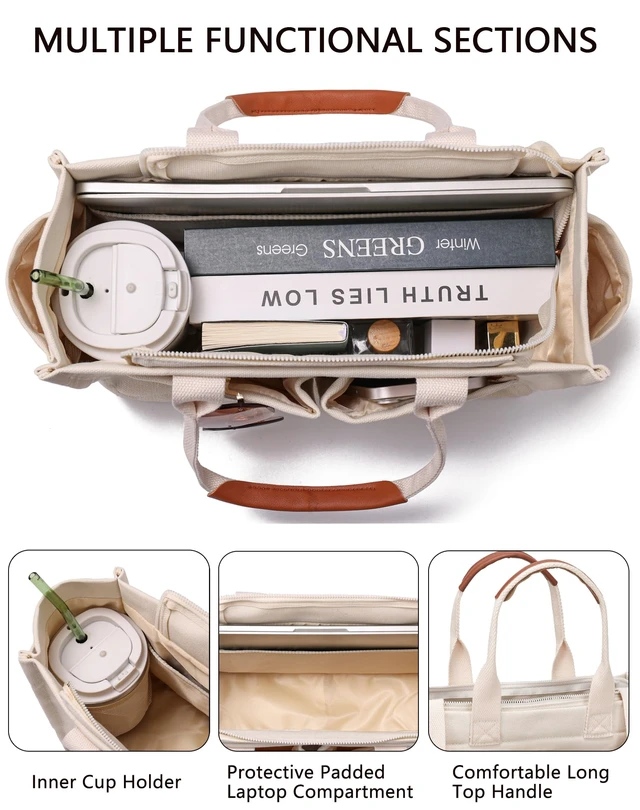 Alt view image 4 of 6 - Canvas Tote Bag for Women With Compartments and Zipper,White Women's Bags Crossbody Bags Work Laptop Tote Bag Large Satchels Handbag Tote Purse Everyday Shoulder Bag for Travel Nurse Teacher Gift