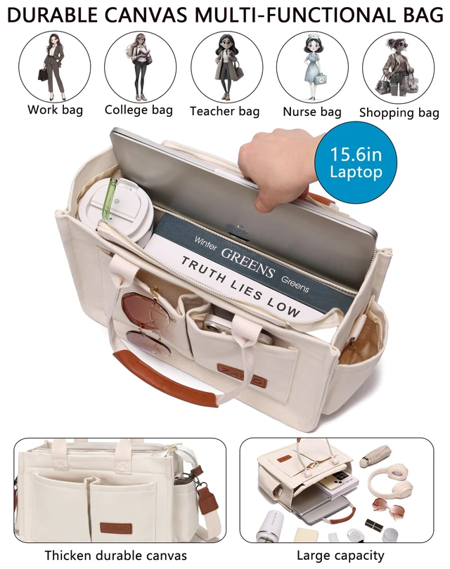 Alt view image 6 of 6 - Canvas Tote Bag for Women With Compartments and Zipper,White Women's Bags Crossbody Bags Work Laptop Tote Bag Large Satchels Handbag Tote Purse Everyday Shoulder Bag for Travel Nurse Teacher Gift