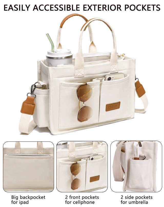 Alt view image 5 of 6 - Canvas Tote Bag for Women With Compartments and Zipper,White Women's Bags Crossbody Bags Work Laptop Tote Bag Large Satchels Handbag Tote Purse Everyday Shoulder Bag for Travel Nurse Teacher Gift