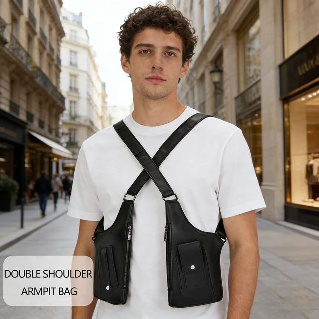 Alt view image 2 of 6 - Double Shoulder Armpit Bag for Men with Adjustable Strap | Leather underarm shoulder bag for men with anti-theft Multi-Pockets phone wallet Ideal for Travel & Daily Commute (Black)