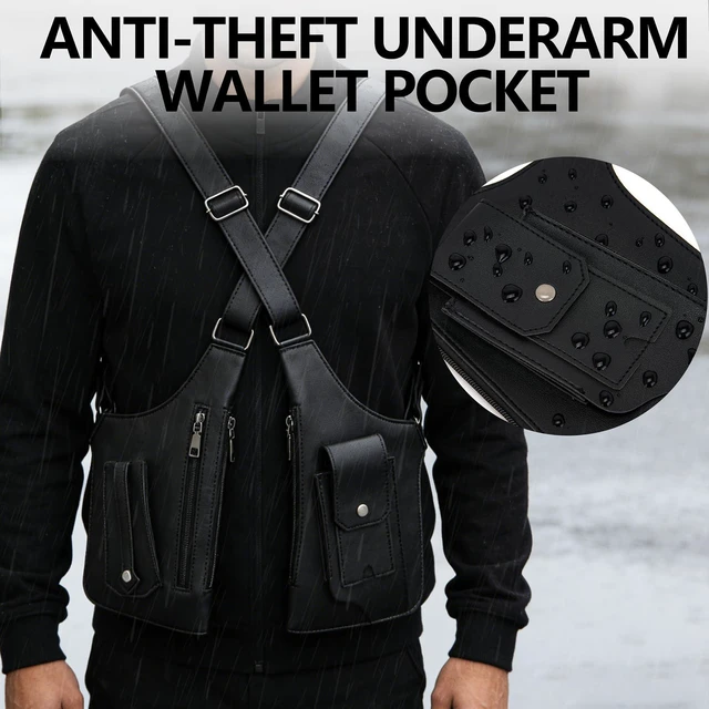 Alt view image 5 of 6 - Double Shoulder Armpit Bag for Men with Adjustable Strap | Leather underarm shoulder bag for men with anti-theft Multi-Pockets phone wallet Ideal for Travel & Daily Commute (Black)