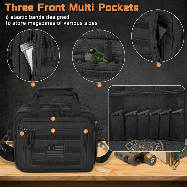 Alt view image 3 of 7 - Gun Range Bags For 2 Pistols 6 Magazines, Pistol Case Carrying Shooting Bag with Lockable Zipper for Shooting Range Outdoor Hunting, Black