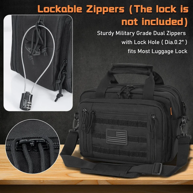 Alt view image 4 of 7 - Gun Range Bags For 2 Pistols 6 Magazines, Pistol Case Carrying Shooting Bag with Lockable Zipper for Shooting Range Outdoor Hunting, Black