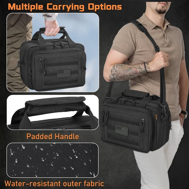 Alt view image 5 of 7 - Gun Range Bags For 2 Pistols 6 Magazines, Pistol Case Carrying Shooting Bag with Lockable Zipper for Shooting Range Outdoor Hunting, Black