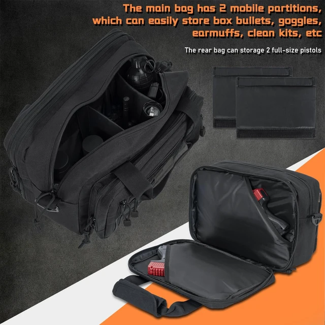 Alt view image 7 of 7 - Gun Range Bags For 2 Pistols 6 Magazines, Pistol Case Carrying Shooting Bag with Lockable Zipper for Shooting Range Outdoor Hunting, Black