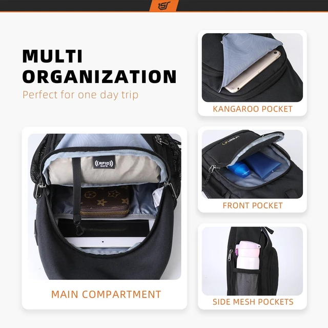 Alt view image 2 of 6 - Sling Bag RFID Crossbody Sling Backpack Cross Body Shoulder Bag Travel Hiking Daypack for Women Men(Black)