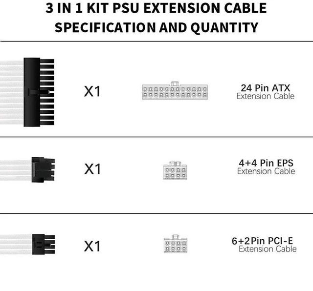 Alt view image 5 of 7 - TEUCER MZ-3 PC Power Supply Extension Cable Set, 300mm Nylon Braided 18AWG Tinned Copper Cables for Gaming Computer