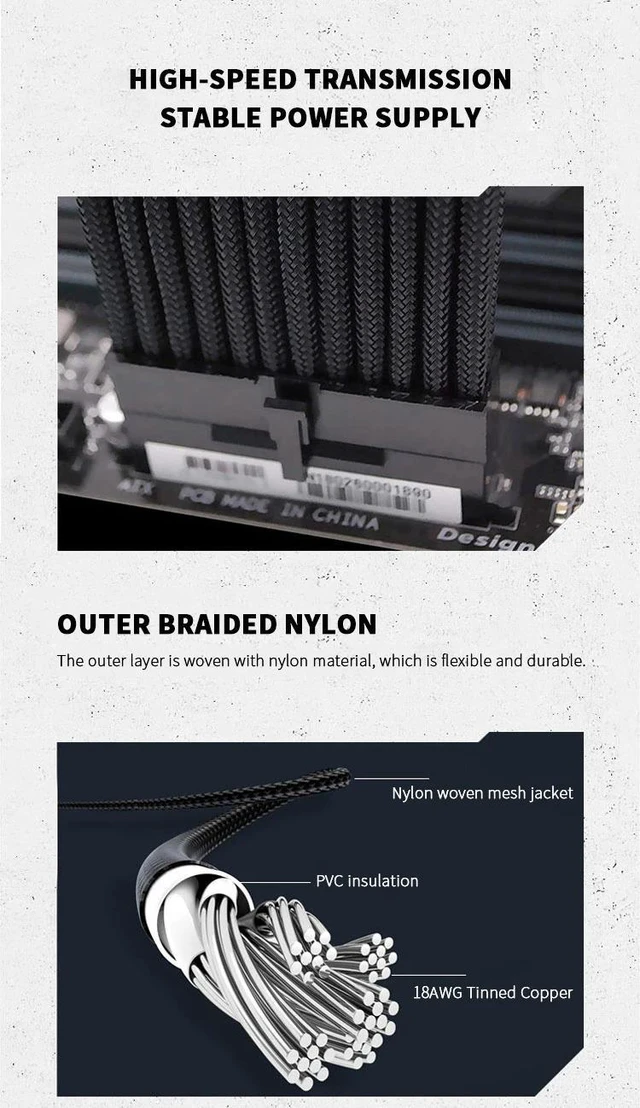 Alt view image 6 of 7 - TEUCER MZ-3 PC Power Supply Extension Cable Set, 300mm Nylon Braided 18AWG Tinned Copper Cables for Gaming Computer