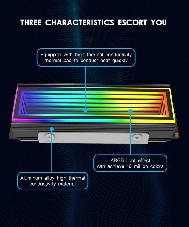 Alt view image 7 of 7 - TEUCER M.2 2280 SSD Heatsink, 5V 3Pin ARGB Infinity Mirror M2 NVMe SSD Cooler Black