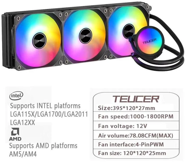 Main image of TEUCER AF-S360 All-in-One CPU Liquid Cooler 360mm Radiator, Colorful RGB Style Lighting, Low Noise PWM Fans, FEP Braided Tube, Multi-Socket Support for Intel & AMD Processors