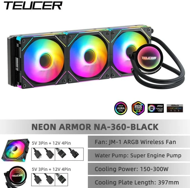 Main image of TEUCER NA-360 Neon Armor 360mm AIO Liquid CPU Cooler, ARGB Infinity Mirror Cooling Head, 3 JM-1 Daisy Chain ARGB PWM Fans, Pure Copper Base, 300W Cooling Power, Supports Intel LGA1700 AMD AM5
