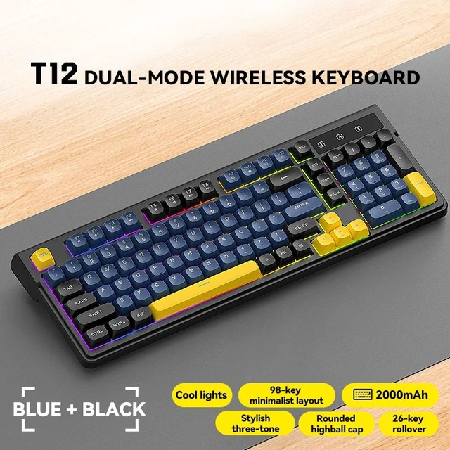 Main image of T12 Dual Mode Wireless Keyboard (2.4G + Bluetooth), 98-Key Compact Layout, Rechargeable RGB Backlit Gaming Keyboard, 26-Key Anti-Ghosting, Round Keycaps, Silent Keyboard for PC/Laptop/Tablet