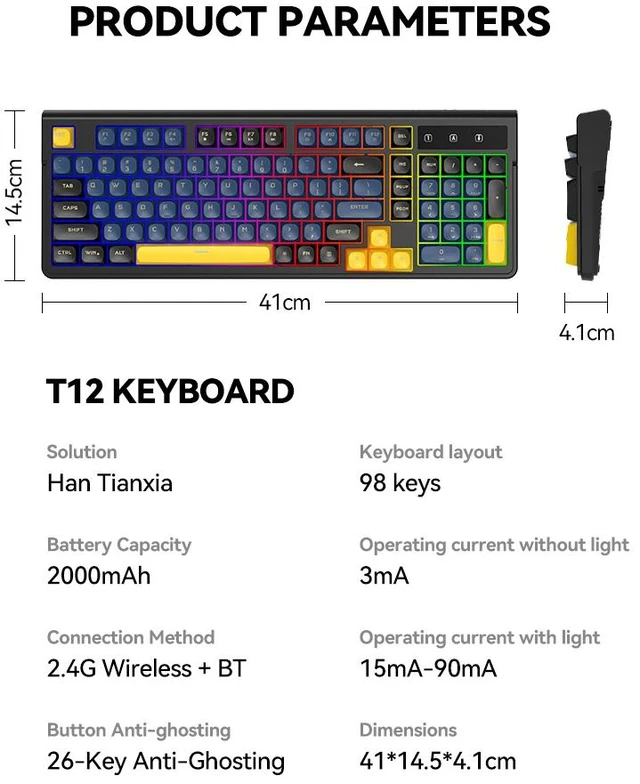 Alt view image 2 of 7 - T12 Dual Mode Wireless Keyboard (2.4G + Bluetooth), 98-Key Compact Layout, Rechargeable RGB Backlit Gaming Keyboard, 26-Key Anti-Ghosting, Round Keycaps, Silent Keyboard for PC/Laptop/Tablet