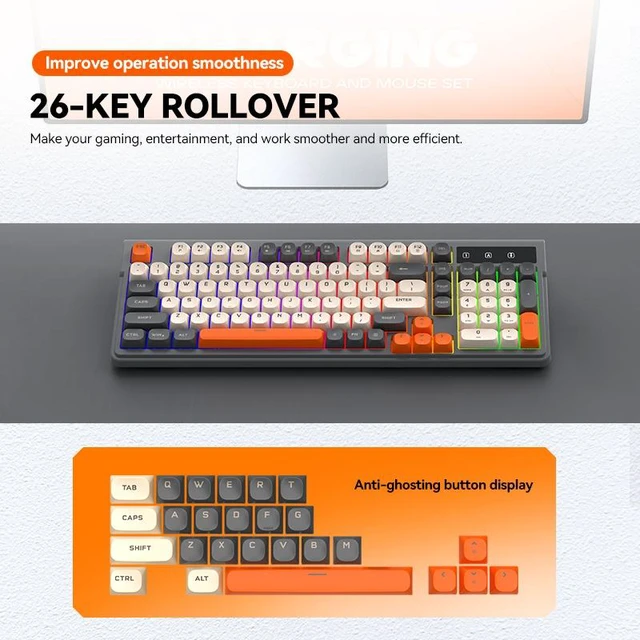 Alt view image 7 of 7 - T12 Dual Mode Wireless Keyboard (2.4G + Bluetooth), 98-Key Compact Layout, Rechargeable RGB Backlit Gaming Keyboard, 26-Key Anti-Ghosting, Round Keycaps, Silent Keyboard for PC/Laptop/Tablet