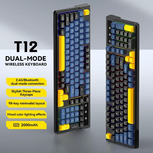 Alt view image 3 of 7 - T12 Dual Mode Wireless Keyboard (2.4G + Bluetooth), 98-Key Compact Layout, Rechargeable RGB Backlit Gaming Keyboard, 26-Key Anti-Ghosting, Round Keycaps, Silent Keyboard for PC/Laptop/Tablet
