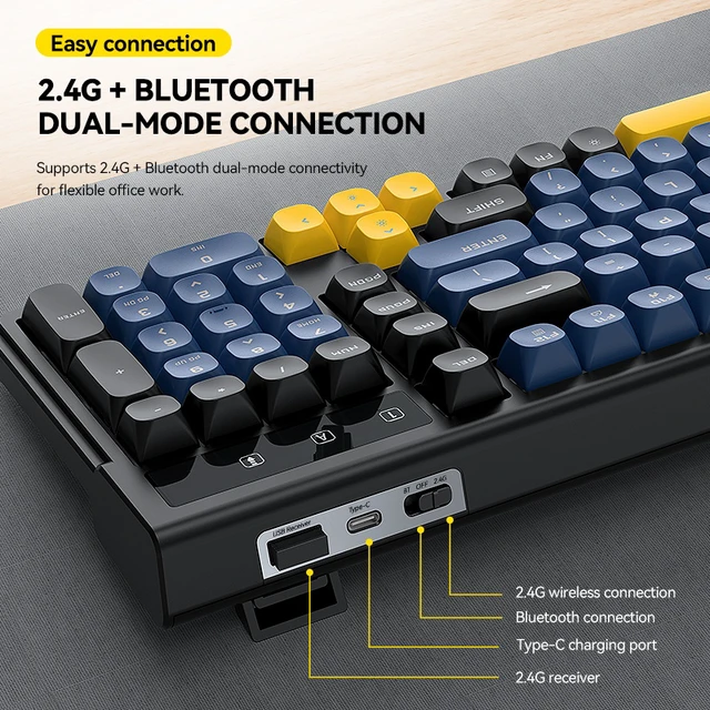 Alt view image 4 of 7 - T12 Dual Mode Wireless Keyboard (2.4G + Bluetooth), 98-Key Compact Layout, Rechargeable RGB Backlit Gaming Keyboard, 26-Key Anti-Ghosting, Round Keycaps, Silent Keyboard for PC/Laptop/Tablet