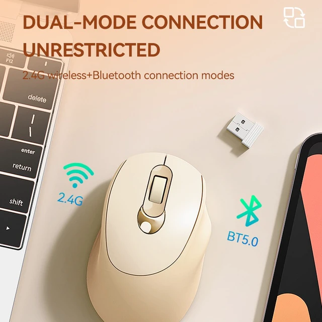 Alt view image 4 of 7 - Q8 Dual Mode Wireless Mouse, 2.4G & Bluetooth 5.0, Type-C Rechargeable Silent Ergonomic Portable Mouse for Office/Tablet MILK TEA