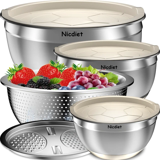 Main image of Mixing Bowls with Airtight Lids, Stainless Steel Mixing Bowl Set with 3 Metal Nesting Bowls, Colander & Grater, Non-Slip Bottoms, Size 1.5, 2.5, 5 QT, Great for Mixing & Serving, Khaki