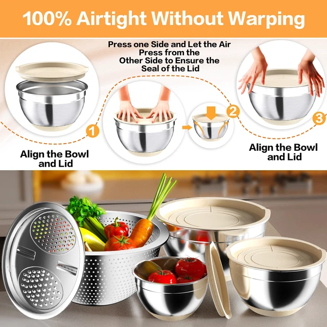 Alt view image 2 of 7 - Mixing Bowls with Airtight Lids, Stainless Steel Mixing Bowl Set with 3 Metal Nesting Bowls, Colander & Grater, Non-Slip Bottoms, Size 1.5, 2.5, 5 QT, Great for Mixing & Serving, Khaki