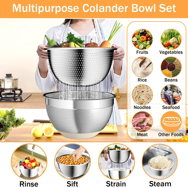 Alt view image 4 of 7 - Mixing Bowls with Airtight Lids, Stainless Steel Mixing Bowl Set with 3 Metal Nesting Bowls, Colander & Grater, Non-Slip Bottoms, Size 1.5, 2.5, 5 QT, Great for Mixing & Serving, Khaki