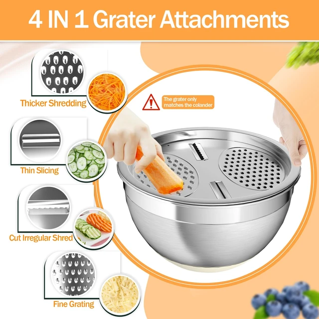 Alt view image 5 of 7 - Mixing Bowls with Airtight Lids, Stainless Steel Mixing Bowl Set with 3 Metal Nesting Bowls, Colander & Grater, Non-Slip Bottoms, Size 1.5, 2.5, 5 QT, Great for Mixing & Serving, Khaki