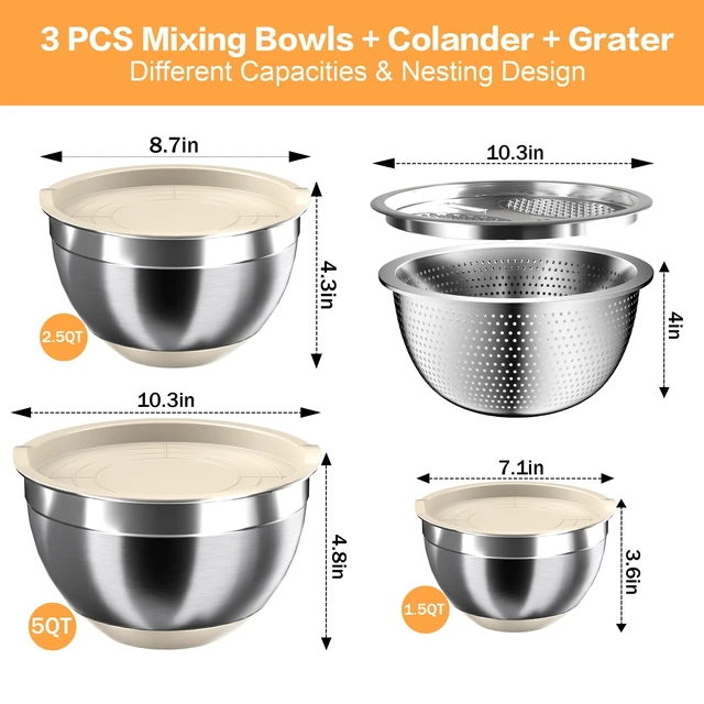 Alt view image 7 of 7 - Mixing Bowls with Airtight Lids, Stainless Steel Mixing Bowl Set with 3 Metal Nesting Bowls, Colander & Grater, Non-Slip Bottoms, Size 1.5, 2.5, 5 QT, Great for Mixing & Serving, Khaki